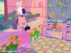 an animated image of a woman in a pink room with flowers on the floor and walls