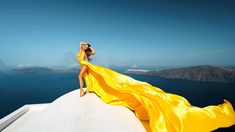 Santorini Flying Dress, Greece Dress, Yellow Satin Dress, Greece Photos, Santorini Photographer, Flowing Dress