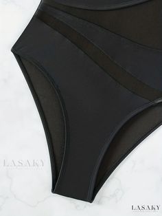 Lasaky - Womens One-Shoulder Asymmetric Swimsuit: Mesh Contrast Design, High-Cut Solid Black Bathing Suit - Stretchy Fabric - Ideal for Swimwear & Apparel Elegant Black High-cut Leg Swimwear, Summer Black High-cut Leg Bodysuit, One Piece Style, Black Bathing Suit, Contrast Design, Black Bathing Suits, Type One, Sheer Fabrics, High Cut