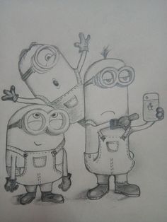 pencil drawing of two minion characters holding cell phones