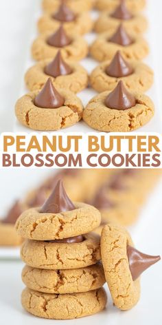 peanut butter blossom cookies stacked on top of each other