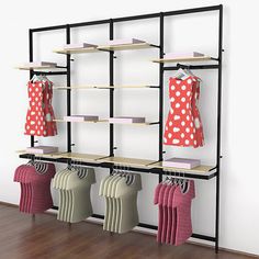 an open shelving unit with clothes hanging on it