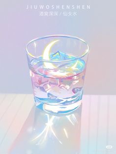 a glass filled with water and ice on top of a table