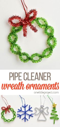 pipe cleaner wreath ornament for christmas tree decorations with text overlay that reads pipe cleaner wreath ornaments