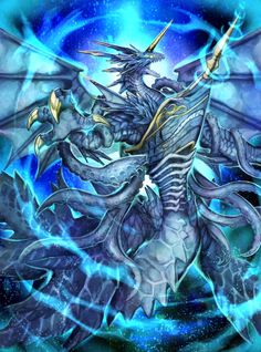 a blue and white dragon with two swords in its mouth