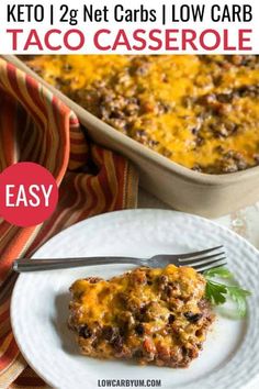 a white plate topped with a casserole covered in meat and cheese next to a baking dish