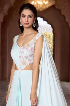 Powder blue skirt with front pleats. Comes with attached drape dupatta blouse with pintucks and floral embroidery. - Aza Fashions Powder Blue Skirt, Drape Dupatta, Blue Pleated Skirt, Floral Pleated Skirt, Draped Blouse, Hem Blouse, Women Kurta, Blouse For Women, Blue Skirt