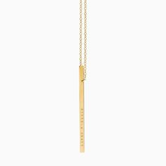 "Sleek, simple and made for everyday, our vertical bar necklace evokes effortless cool and is available in 14k gold filled or sterling silver. The long slim bar may be personalized with up to 18 characters in total, and is hung from asymmetrical points, for an off-kilter look. We create our name bars from a thick gauge metal which gives this piece a high quality look! (All designs & text copyright LUCA jewelry LLC). (Model is wearing a 24 \" long necklace, with the bar hanging a further 2.5\ Minimalist Everyday Bar Necklace With Delicate Chain, Minimalist Bar Necklace With Cable Chain For Everyday, Minimalist Bar Necklace With Adjustable Chain For Everyday, Everyday Minimalist Bar Necklace With Cable Chain, Minimalist 14k Gold Bar Necklace For Everyday, Minimalist 14k Gold Filled Bar Necklace Gift, Minimalist 14k Gold Filled Bar Necklace For Gift, Dainty Rectangular Pendant Bar Necklace For Everyday, Rectangular Yellow Gold Bar Necklace For Everyday