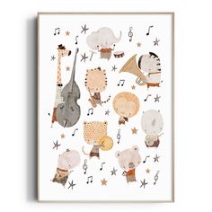 an art print with musical instruments and animals on white paper, framed in wood frame