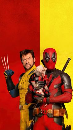 two men dressed as deadpool and wolverine in front of a red yellow and blue background