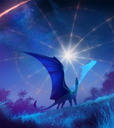 a blue dragon flying over a lush green field under a night sky filled with stars