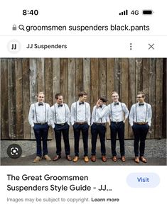 a group of men standing next to each other in front of a wooden fence with text that reads, the great groommen style guide visit