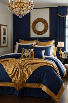 a blue and gold bedroom with chandelier in the corner, pillows on the bed