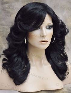 "~We mainly sale our wigs to cancer and alopecia patients. Therefore, we do not accept any returns on wigs. Please choose wisely and ask all questions before making your purchase/purchases. All sales on wigs are final. Thank you in advance for your consideration.~ WIG SPECIFICS TYPE: Classic cap wig MATERIAL: Synthetic LENGTH: approx. 19\" Stretched CAP SIZE: Average ~Fits 21.5\"-22.5\" in head circumference CAP ADJUSTABLE: Yes SPECIAL FEATURES: Loose open curls, layered, Full Bangs, Feathered S Farrah Fawcett Style, Open Curls, Farrah Fawcett, Hair Stylies, Black Wig, Hair Reference, Hair Inspo Color, Dream Hair, Off Black