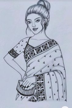 a drawing of a woman wearing a sari and holding her hand on her hip