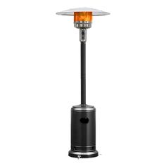 an outdoor patio heater is shown with the light on and it's orange flame