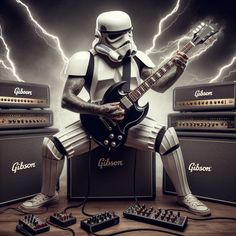 a storm trooper is playing guitar in front of some amps