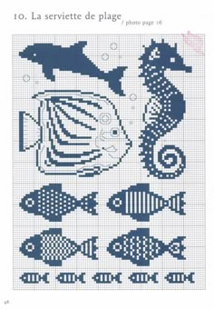 a cross stitch pattern with sea animals and fish on the bottom, in blue colors