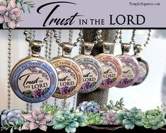 four necklaces with flowers on them and the words trust in the lord above them