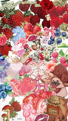 a collage of strawberries, raspberries, and other fruit with flowers