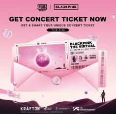 an advertisement for the blackpink concert ticket is shown in front of a pink background