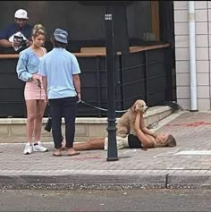 two people and a dog sitting on the sidewalk