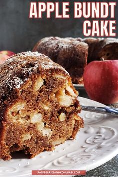 an apple bundt cake on a white plate with apples in the background and text overlay