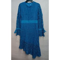 Blue Dress, Thick Venice Lace, Has A Light Layer Underneath, Long Sleeves Are See-Through Thick Lace, Has A Tie Bow Detail At The Ends, Asymmetrical Bottom Mermaid Hem, Little To No Stretch, Zippers Up At The Back Size M Armpit To Armpit: 18" Waist: 15" Hips: 18.5" Shoulder To Longest Bottom: 46.5" Midi Length New Without Tags From A Smoke-Free And Clean Home Feel Free To Follow Me Lots Of Items Are Listed From Bathing Suits To Dresses/Winter Jackets S-M-L-Xl-2x-3x In Different Items Tags/Ignore Blue Asymmetrical Hem Midi Dress, Blue Long Sleeve Lace Midi Dress, Red Engagement Party, Engagement Party Dinner, Night Out Summer, Wedding Guest Formal, Embroidery Red, Cocktail Dress Wedding Guest, Dresses Winter