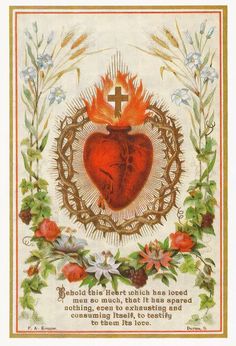 an image of a heart with the cross on it, surrounded by flowers and leaves