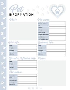 a pet information sheet with paw prints on it