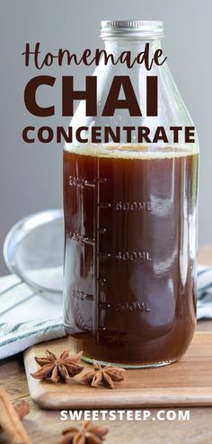 homemade chai concentrate recipe in a mason jar with cinnamon and star anise on the side