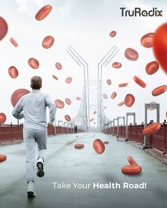 a man running across a bridge surrounded by red circles in the air with words take your health road