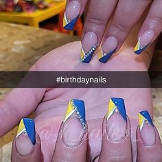 Rams Nails, Blue White Yellow Nails, Yellow And Blue Nail Ideas, Blue And Yellow French Tip Nails, Blue Yellow And White Nails, Navy Blue And Yellow Nails Design, Blue Yellow White Nails, Blue And Yellow Nail Designs, Blue Yellow Nails Designs