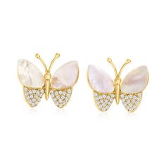 Ross-Simons - Mother-Of-Pearl, .60ct t. w. Cubic Zirconia Butterfly Earrings Over Sterling. If you love butterflies, you'll have a special place in your heart for these earrings. The delicate creatures boast wings of 11x8mm carved mother-of-pearl and .60 ct. t. w. round brilliant-cut CZs. Crafted in 18kt yellow gold over sterling silver. Post/clutch, CZ and mother-of-pearl butterfly earrings. CZ weights are diamond equivalents. Pearl birthstones are the perfect gift for June birthdays. Love Butterflies, Pearl Birthstone, Butterfly Earring, Pearl Butterfly, Dolce And Gabbana Blue, Van Cleef, Butterfly Earrings, Blue Lace, Round Brilliant