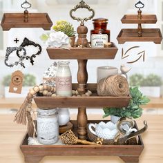 three tiered shelf with various items on it