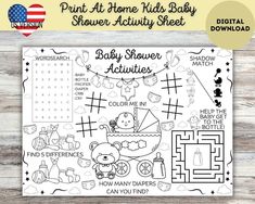 the baby shower activity sheet is shown on a wooden background