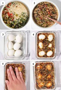 steps on how to make an egg casserole in a glass dish with eggs and seasoning