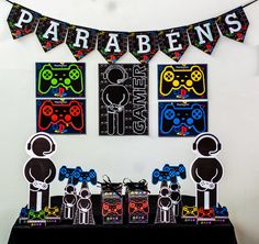 a party with video game themed decorations and streamers