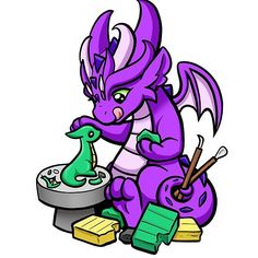 a purple dragon sitting on top of a table