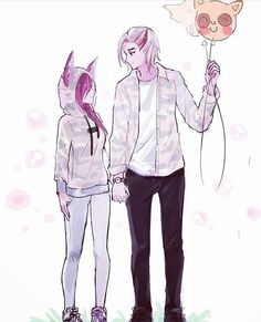 two people standing next to each other with pink hair and cat ears on their heads