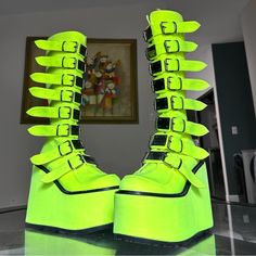 Brand New No Box Pristine Condition Only Been Tried On No Creasing No Scuffs No Stains Women’s 8 Eu 38 Color Platform Boots, Lime Green Boots, Neon Punk Fashion, Shoes Demonia, Neon Clothes, Neon Goth, Emo Shoes, Dinosaur Shoes, Rave Shoes