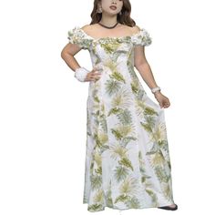 Experience the fusion of tradition and modern style with our Hawaiian Muumuu Dress. This contemporary take on the classic outfit of Hawaii showcases stretchy ruffled cap sleeves and a distinctive long maxi bodice. The dress features flattering darts and a charming ruffled square neckline, radiating the spirit of Aloha throughout its beauty. 100% Cotton Poplin  Square Ruffled Neckline with pinched ruffles Ruffled Elastic Shoulders and Cap Sleeves Flattering Front and Back Darts Center Back Zipper White Hawaiian Dress With Hibiscus Print, Hawaiian Muumuu, Stylish Bride, Yellow Hibiscus, Muumuu Dress, Classic Outfit, Ruffled Neckline, Dance Dress, Classic Outfits