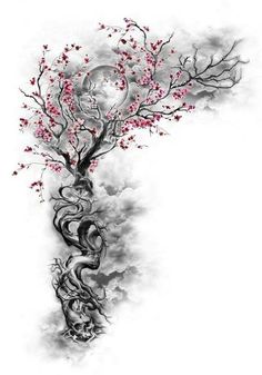 a drawing of a tree with pink flowers on it