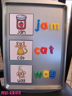 a sign that says jam, cat, and wag with pictures on the front