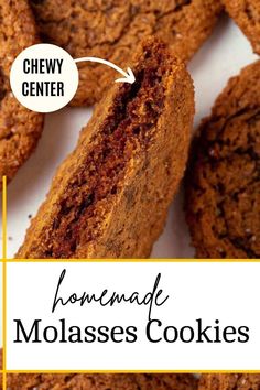 homemade molasses cookies are stacked on top of each other with the words chewy center above them