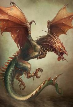 a painting of a dragon flying through the air with its wings spread out and it's mouth open