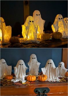 halloween decorations made out of paper bags with ghost faces on them and pumpkins in the background