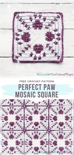 the crochet pattern for perfect paw mosaic square is shown in purple and white