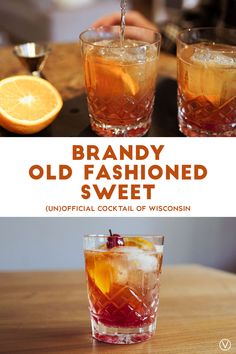 an old fashioned sweet drink is being poured into two glasses with orange slices on the side