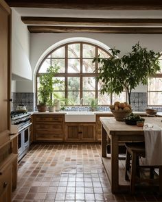 a kitchen with an arched window and tiled flooring is pictured in this image, there are potted plants on the counter